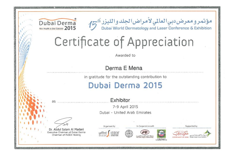 Dubai Derma 2015 Appreciation Certificate